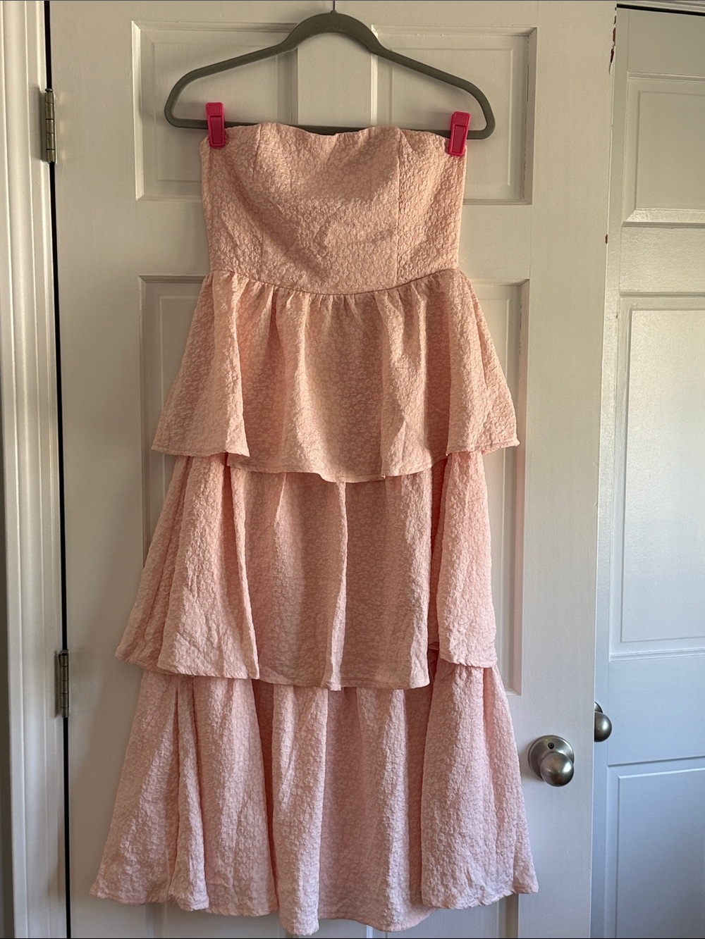 Lulu's Light Pink Strapless Tiered Ruffle Midi Dress